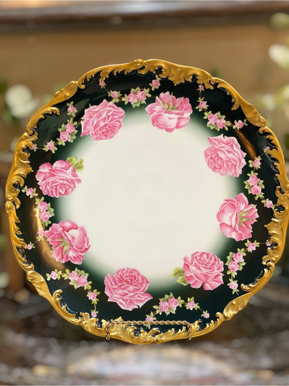 Antique T&V Limoges Depose France Large 12.5” Cabinet Plate Pink Roses Gold Trim